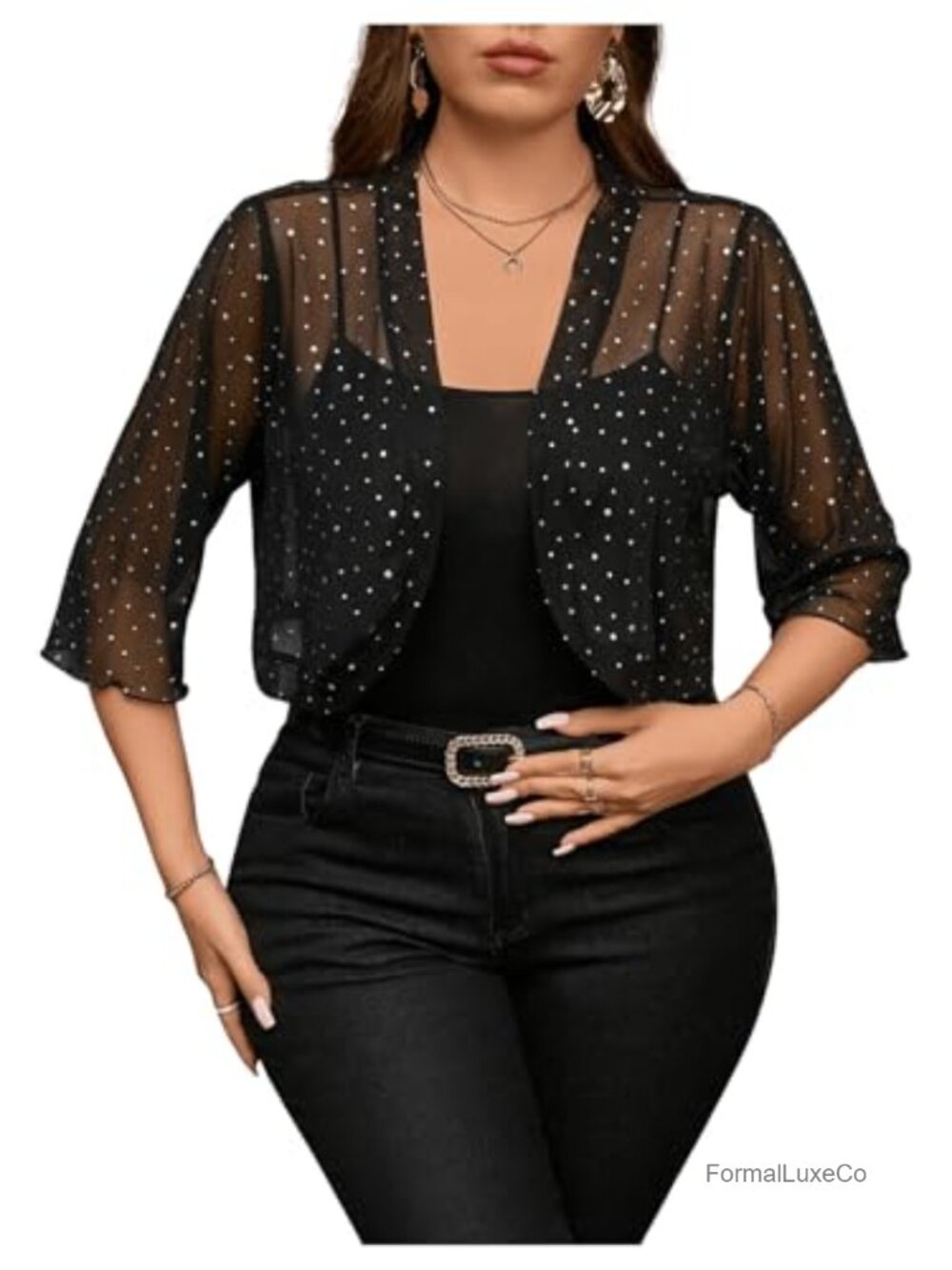 Plus Size Sheer Mesh Rhinestone Cropped Bolero Cardigan 3/4 Sleeve Open Front